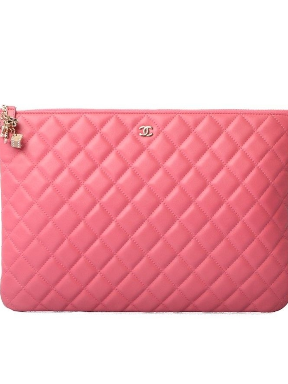 CHANEL Large Pink O Case Quilted Zip Clutch Pouch Gold Hardware Dust Bag & Card